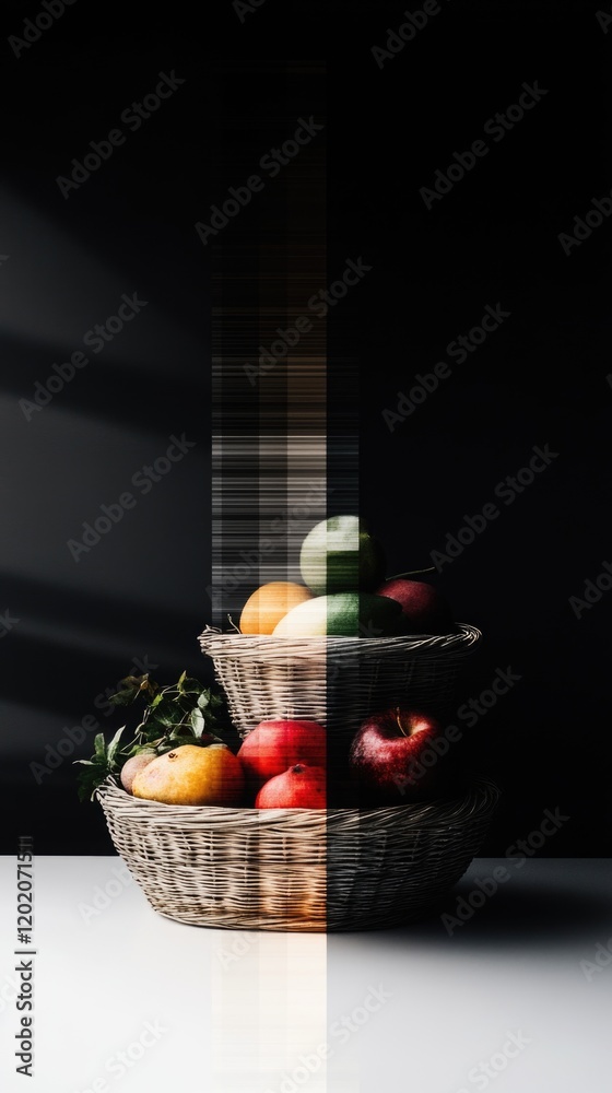 Assorted fruits in wicker baskets with shadow stripes and dark background Assorted fruits in wicker baskets with shadow stripes and dark background
