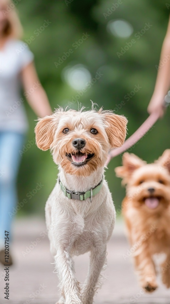 Two happy dogs on a walk with owners in a park Two happy dogs on a walk with owners in a park