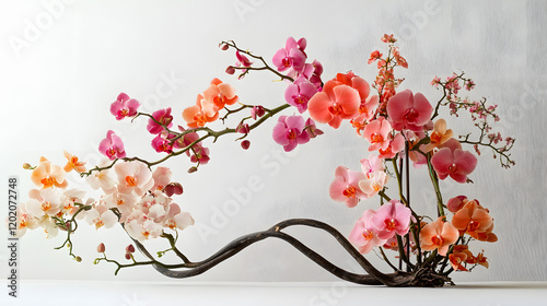 A whimsical orchid arrangement with swirling stems and pastel-colored blooms, set against a soft white background, during a studio photoshoot