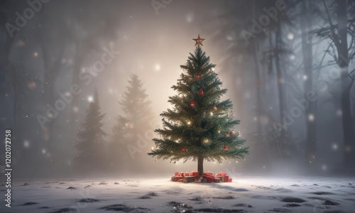Christmas tree in foggy environment with subtle lighting effects, foggy background, winter wonderland, christmas tree