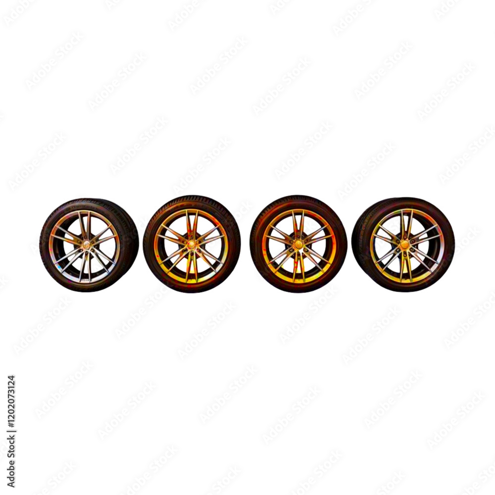 Alloy Wheels Set: Four high-performance alloy wheels, showcasing a stylish multi-spoke design and a gradient of warm, fiery hues, displayed against a clean backdrop. Ideal for automotive, design. Alloy Wheels Set: Four high-performance alloy wheels, showcasing a stylish multi-spoke design and a gradient of warm, fiery hues, displayed against a clean backdrop. Ideal for automotive, design.
