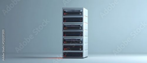 A sleek, modern server tower featuring multiple slots and illuminated indicators, poised against a minimalist background, reflecting the essence of contemporary digital infrastruct photo