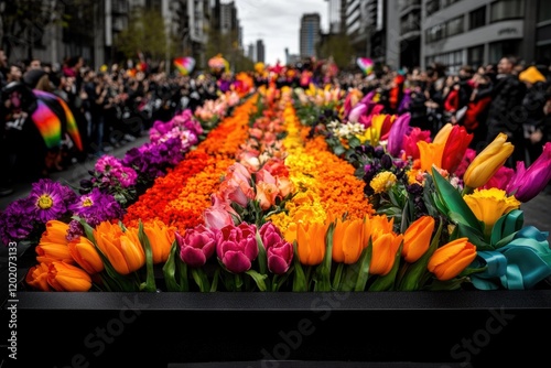 Vibrant urban parade with rows of colorful flowers and crowds photo