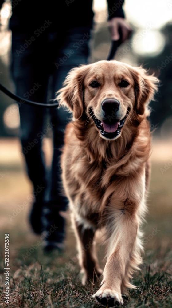 Golden retriever on a walk with owner in outdoor setting Golden retriever on a walk with owner in outdoor setting