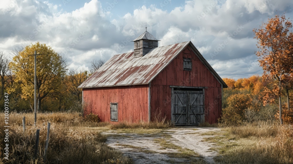 A weathered red barn stands in an autumnal field, surrounded by trees with golden leaves under a partly cloudy sky. A weathered red barn stands in an autumnal field, surrounded by trees with golden leaves under a partly cloudy sky.
