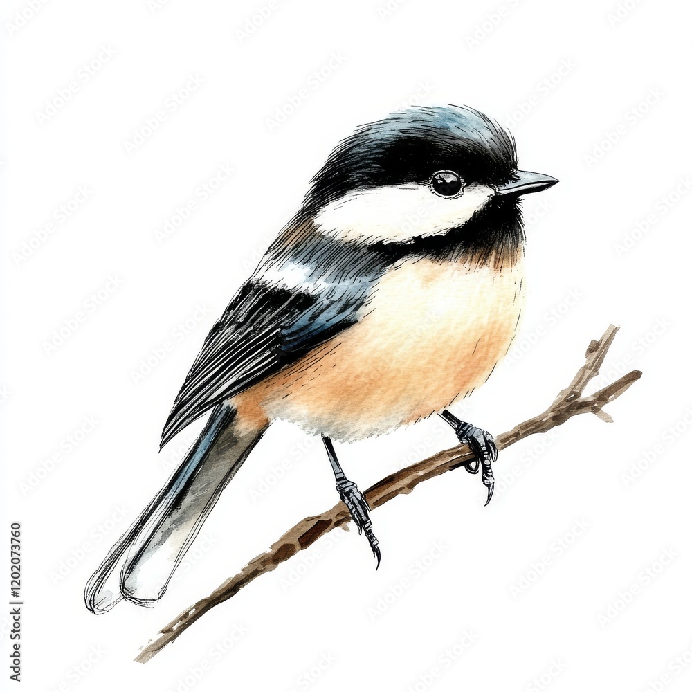 Obraz premium Small Bird Perched on a Branch in Watercolor Clip Art for Nature and Wildlife Illustrations