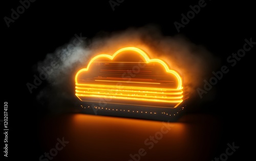 A striking neon cloud logo, illuminated in vibrant orange against a dark background. The design features a glowing effect with a misty ambiance, perfect for digital themes. photo