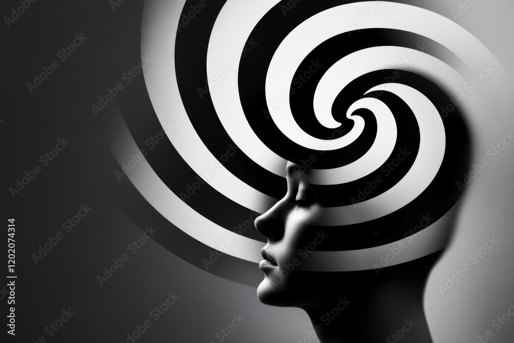 Abstract black and white swirl overlay on female silhouette side profile Abstract black and white swirl overlay on female silhouette side profile