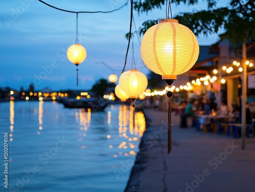 Serene Evening by the Water with Glowing Lanterns and Reflective Light photo