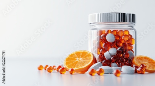 Obraz na płótnie This image features health supplements in different shapes, complemented by citrus slices, all against a soft white backdrop, highlighting nutritional themes and wellness. w salonie