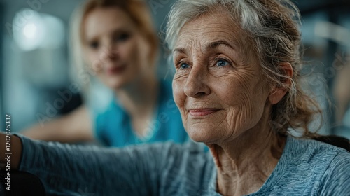 Closeup portrait of a smiling elderly Caucasian woman during a physiotherapy session with a younger female caregiver. photo