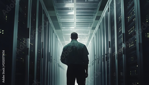 A tech professional stands in a server room, surrounded by rows of servers. The dramatic lighting accentuates the importance of data management in modern businesses.