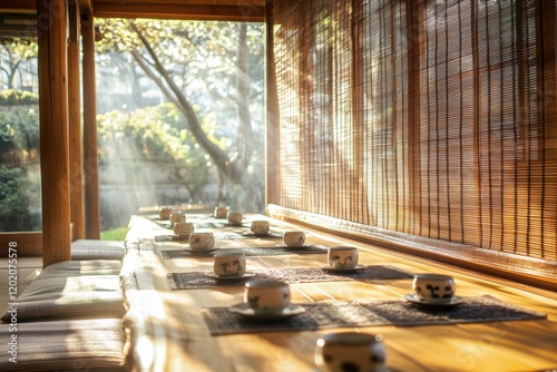 Traditional Korean tea ceremony setup in a serene setting with sunlight filtering through bamboo blinds. Generative AI photo