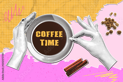 Coffee time in retro collage style. Hand with halftone effect holds a porcelain cup of coffee against an abstract paper background with various scribbles, wrinkles and grain.