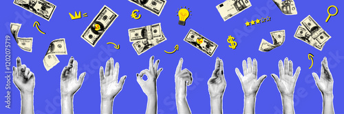 Creative collage showcases hands reaching out to catch falling money and symbols, combining elements of playfulness and aspiration against a vibrant blue background symbolizing opportunity and dreams.