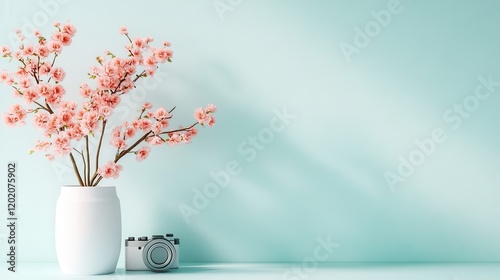 A lovely scene featuring blossoming pink branches in a white vase, accompanied by a vintage camera, perfect for capturing memories and celebrating spring. photo