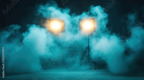 An enchanting image of lights shining through a thick layer of fog, creating a mystical scene that inspires curiosity and evokes a sense of wonder in viewers. photo