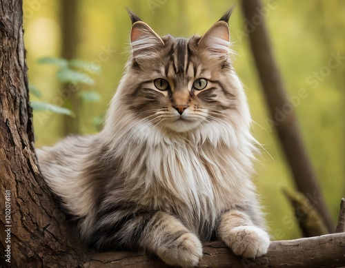 A cat is comfortably laying on a tree branch and is looking at the camera