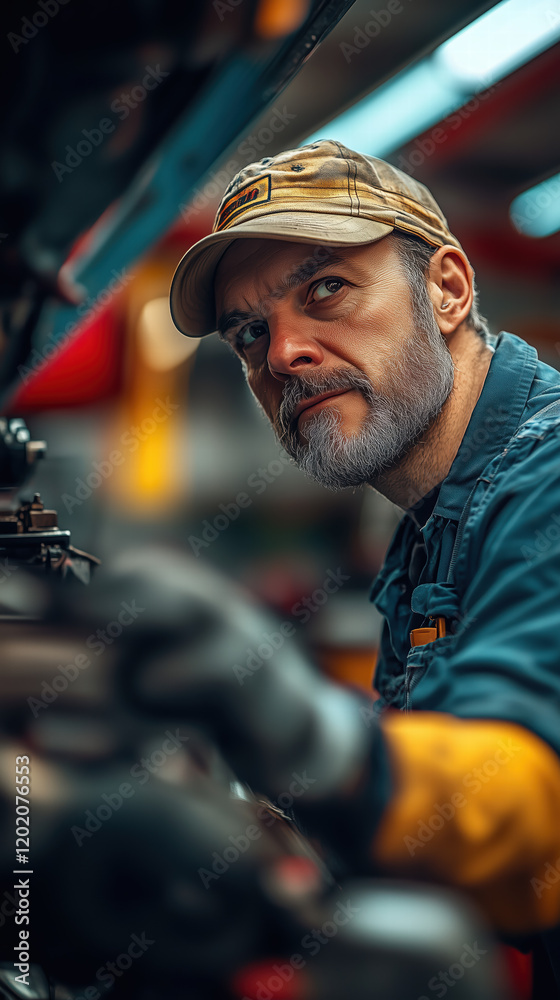 Focused mechanic working on an automotive engine in a professional workshop environment with tools and machinery Focused mechanic working on an automotive engine in a professional workshop environment with tools and machinery