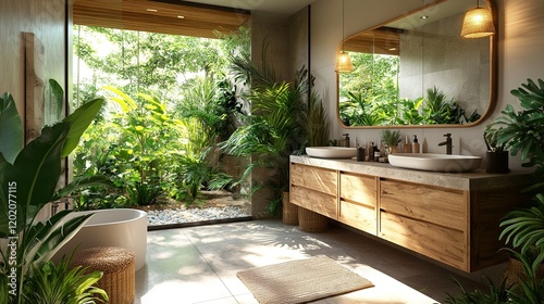 Tropical bathroom with jungle view, morning sunlight photo