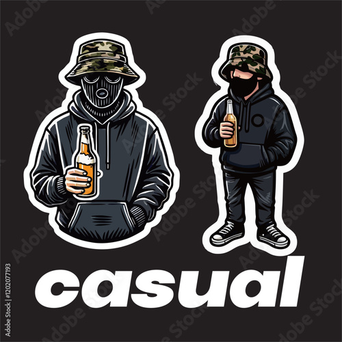 illustration vector graphic of Casual Football fans ultras hooligan with beani hat and hold a bottle of beer design for logo, t-shirt, etc