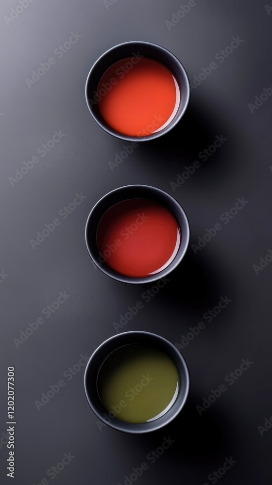 Three bowls with red and green liquids on dark background Three bowls with red and green liquids on dark background