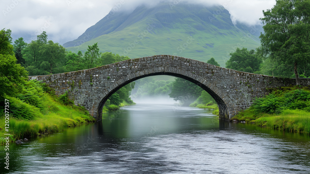 Fototapeta premium medieval stone bridge crossing over a calm river, surrounded by lush greenery and misty mountains in the background,