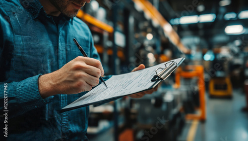 Worker reviewing maintenance checklist in industrial setting