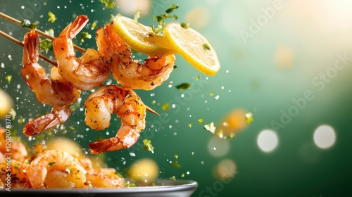 This vibrant dish features delicious grilled shrimp elegantly garnished with fresh lemon slices, emphasizing its appealing presentation and enticing flavors. photo