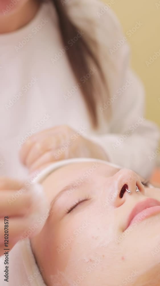 Professional beautician spreading foam cleanser across client's face during skincare procedure.Beauty clinic concept Professional beautician spreading foam cleanser across client's face during skincare procedure.Beauty clinic concept