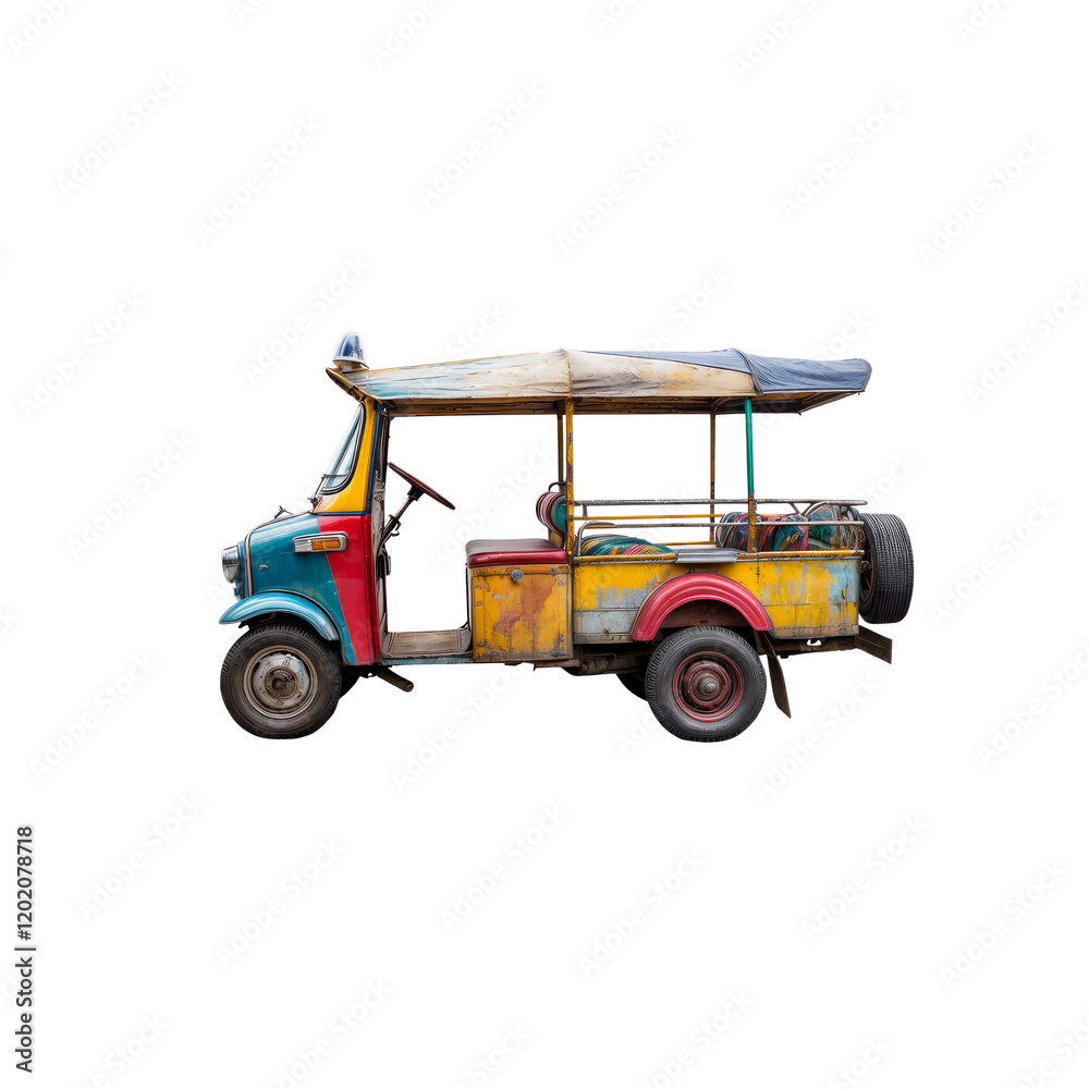 Obraz premium Colorful Tuk Tuk: A vibrantly painted tuk tuk, a traditional Thai three-wheeled taxi, stands out with its unique design and cheerful colors. 