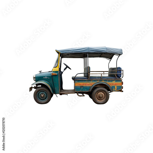 Vintage Tuk Tuk: A weathered teal tuk tuk with a yellow stripe and blue canvas roof stands against a neutral backdrop, ready to embark on an adventure. It's a symbol of travel, culture.