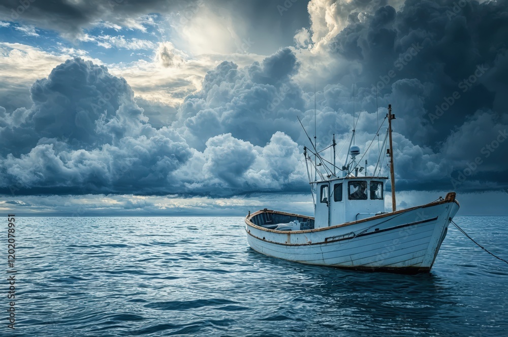 Fototapeta premium A white fishing boat floats on a calm sea under a dramatic, stormy sky.