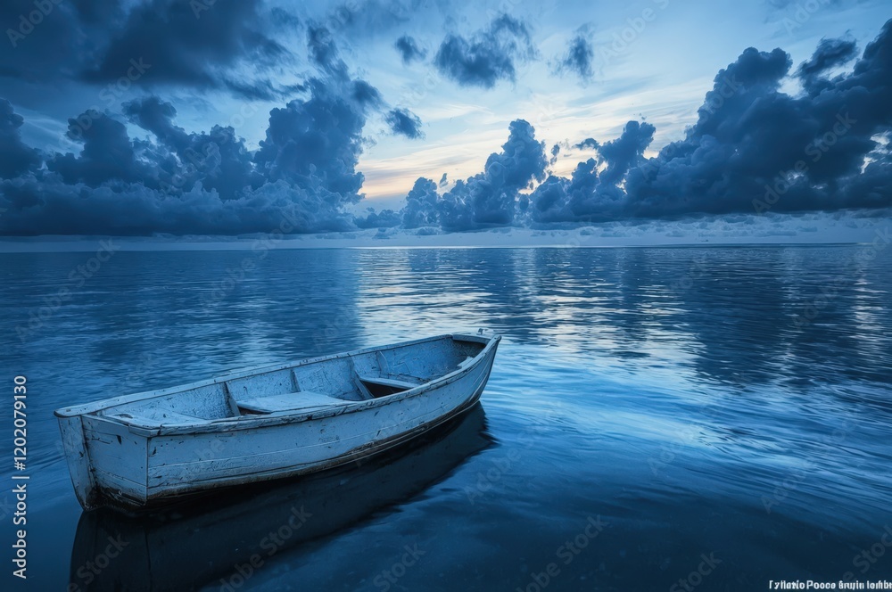A weathered white rowboat sits alone on a calm, blue ocean under a dramatic, cloudy sky at sunset. A weathered white rowboat sits alone on a calm, blue ocean under a dramatic, cloudy sky at sunset.