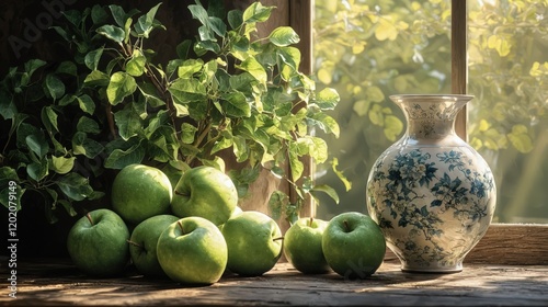 Still life of green apples and a floral porcelain vase on a wooden windowsill in sunlight. photo