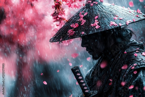 skilled ninja strikes powerful pose gentle shower of pink cherry blossoms. scene captures moment of strength and grace enveloped in soft pastel tones. photo