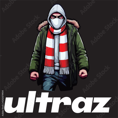 illustration vector graphic of Football fans ultras hooligan wear balaclava use football scarf design for logo, t-shirt, etc