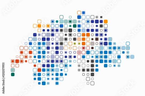 Switzerland, shape of the country built of colored cells. Digital style map of Switzerland on white background. Large size rounded square blocks. Abstract vector illustration.