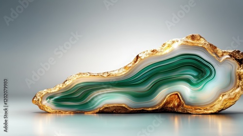 This captivating agate slice beautifully displays its natural patterns and textures, enhanced by luxurious golden accents that create a striking piece of decorative art. photo