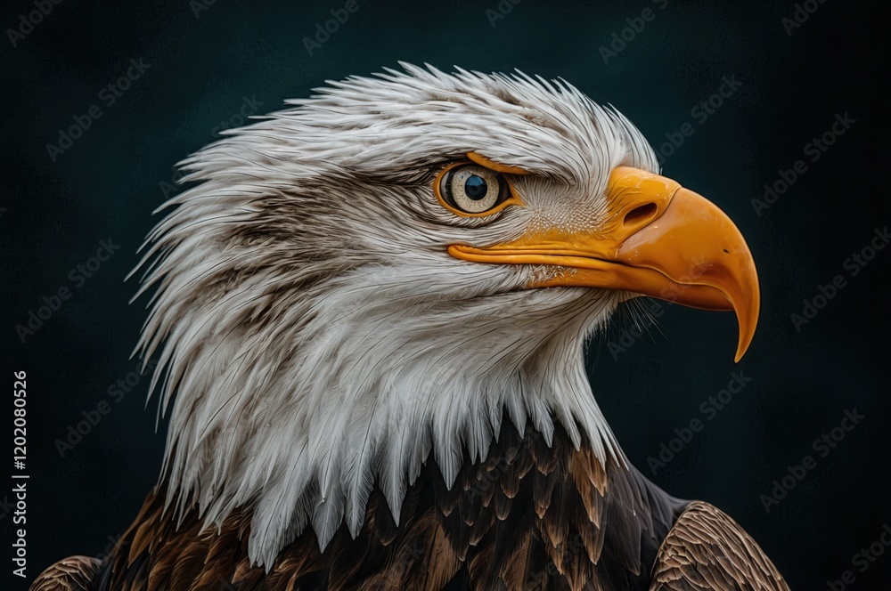 Obraz premium Closeup portrait of a bald eagle against a dark background. The image showcases the bird's intense gaze and intricate feathers.