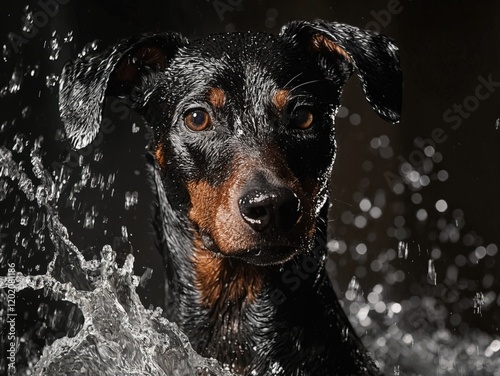 Closeup portrait of a wet black and tan German Pinscher dog with water splashing around it against a dark background. photo