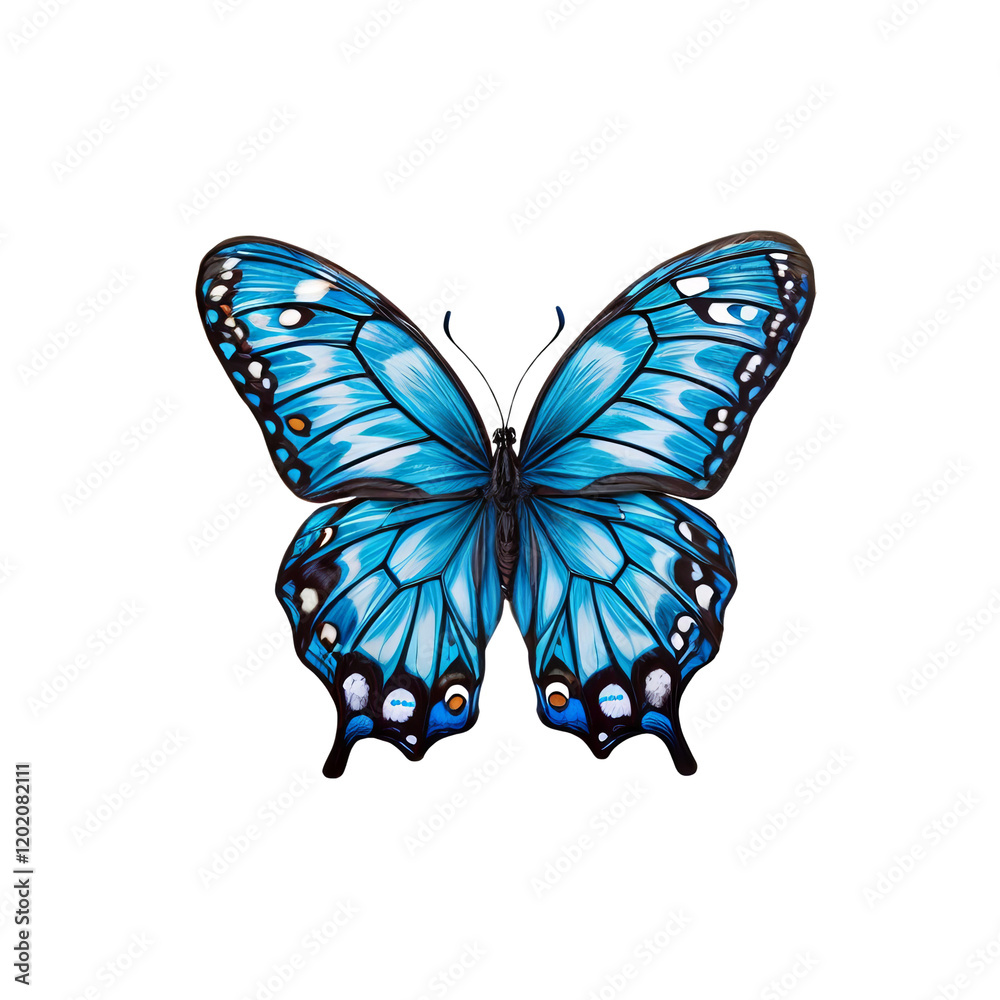 Obraz premium Blue Morpho Butterfly: A vibrant blue morpho butterfly with intricate wing details, showcasing its iridescent blue color and captivating patterns. 