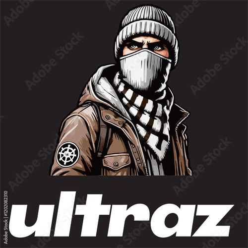 illustration vector graphic of Football fans ultras hooligan wear balaclava use football scarf design for logo, t-shirt, etc