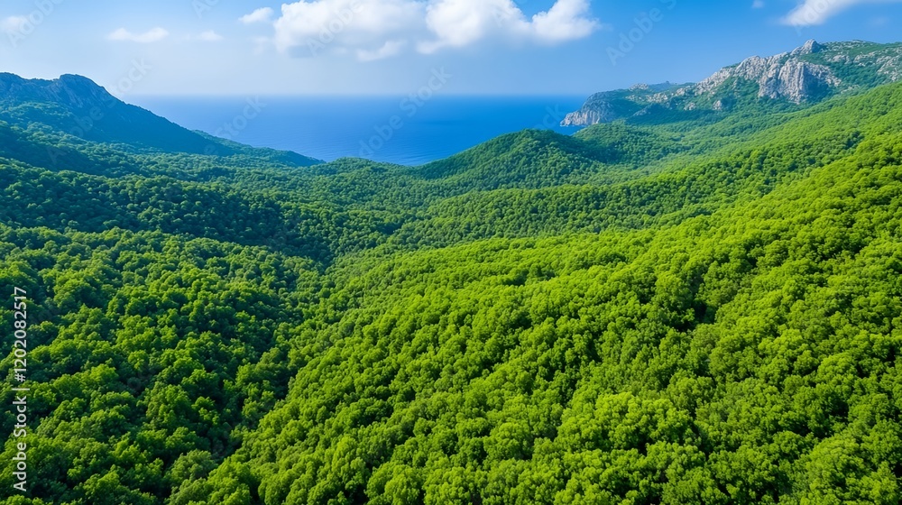 Obraz premium Lush green forest with a blue ocean in the background