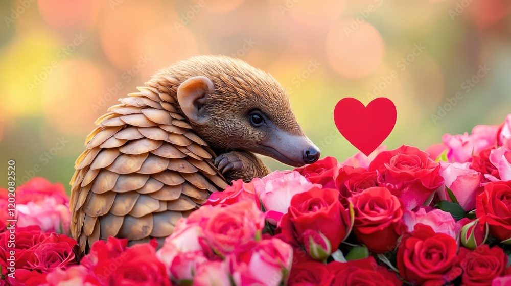 Obraz premium Pangolin surrounded by roses and heart symbol in a romantic setting. The 14th of February. Happy Valentine's Day