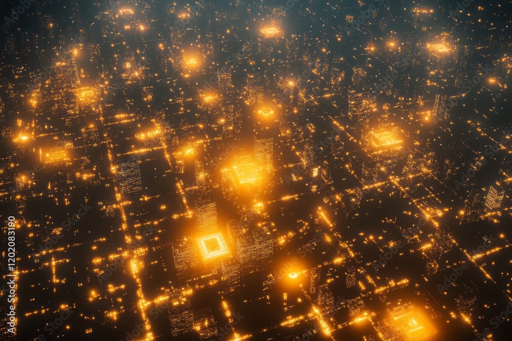 Naklejka premium Illuminated Cityscape Aerial View At Night