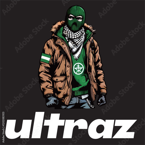 illustration vector graphic of Football fans ultras casual hooligan wear green mask balaclava with football scarf design for logo, t-shirt, etc