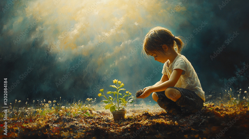 child planting seed, promise of growth and new beginnings, young gardener lovingly caring for earth child planting seed, promise of growth and new beginnings, young gardener lovingly caring for earth