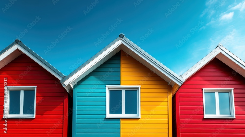 A charming trio of colorful houses aligned beneath a bright blue sky, presenting a delightful mix of vibrant hues that capture the essence of community and warmth. A charming trio of colorful houses aligned beneath a bright blue sky, presenting a delightful mix of vibrant hues that capture the essence of community and warmth.
