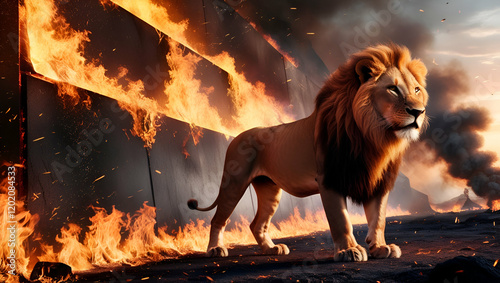 A lion standing and big flames of firebackground photo